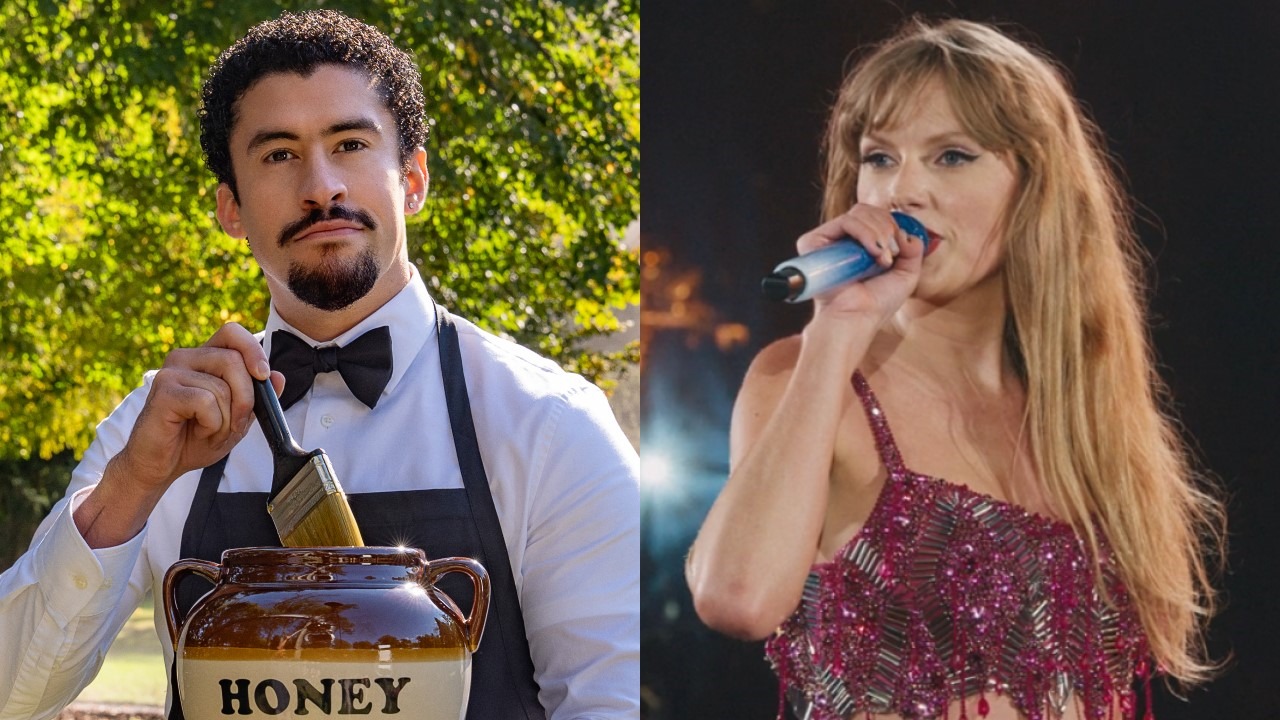 A side-by-side image of Bad Bunny and Taylor Swift, highlighting the global streaming rivalry between the two music superstars.