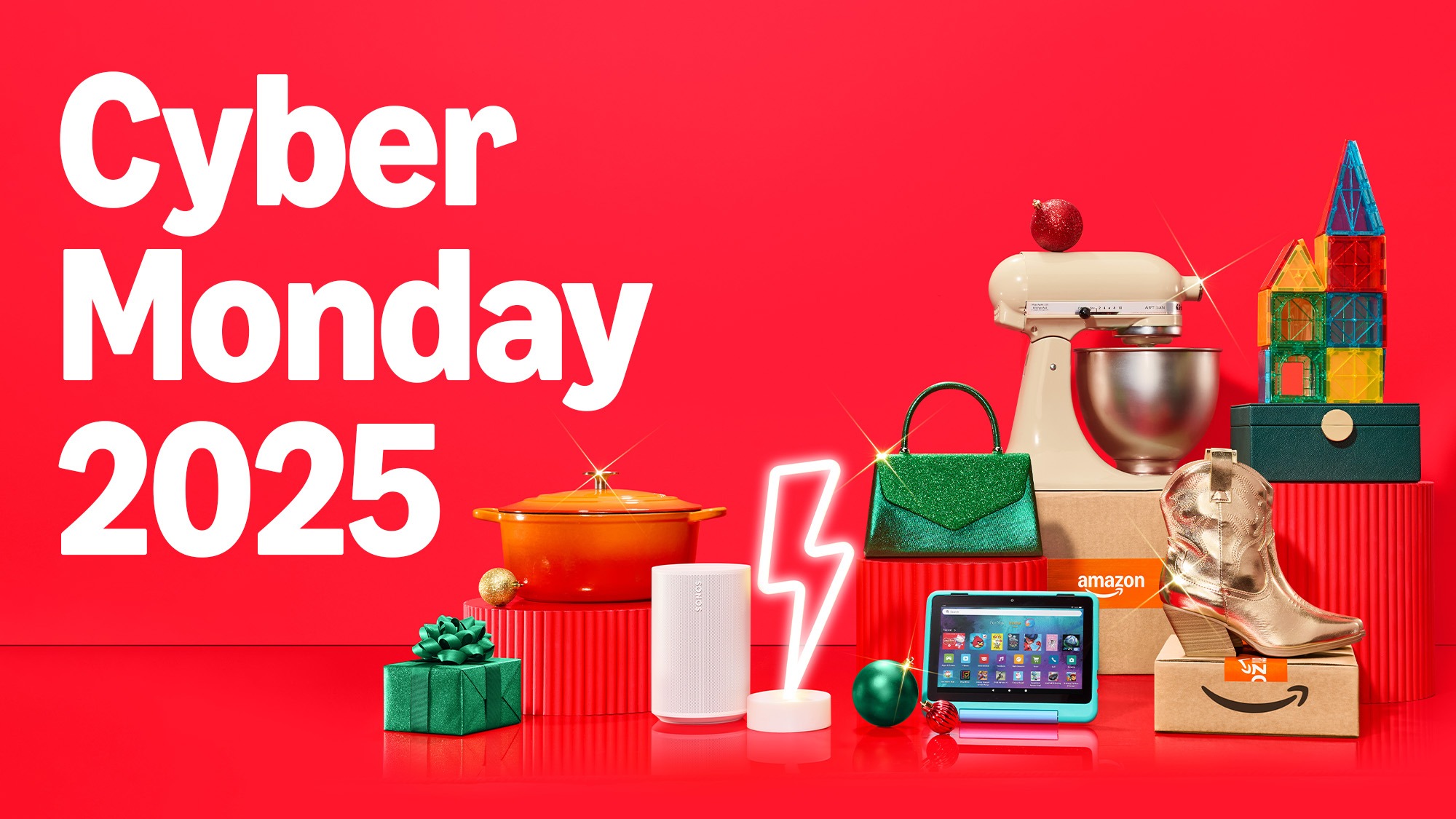 A collection of holiday gifts arranged neatly against a bold red background with the words “Cyber Monday 2025” displayed prominently in modern, high-contrast lettering.