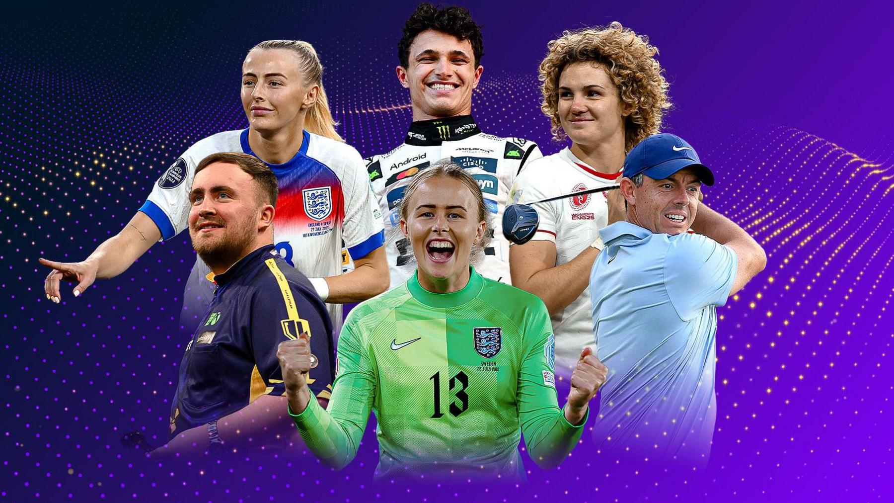 The six BBC Sports Personality of the Year 2025 finalists — Hannah Hampton, Chloe Kelly, Ellie Kildunne, Luke Littler, Rory McIlroy and Lando Norris — standing together against a purple backdrop, representing the diverse talent and emotional stories behind Britain’s biggest sporting award.