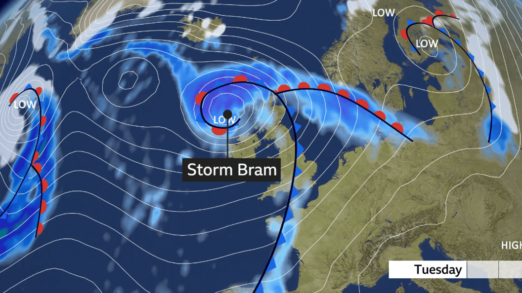A weather graphic showing Storm Bram’s projected path sweeping northward along the west side of the UK, with arrows indicating strengthening winds and bands of heavy rain moving across Wales, England, Northern Ireland and Scotland.