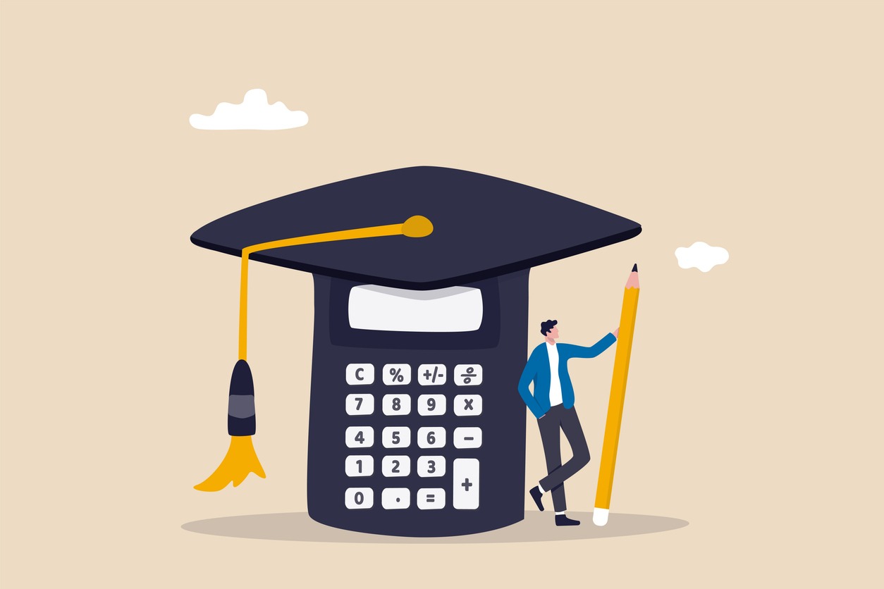 student loan calculation, education budget allocation, university expense and debt pay off or scholarship payment concept, graduated student standing with mortar board hat calculator.