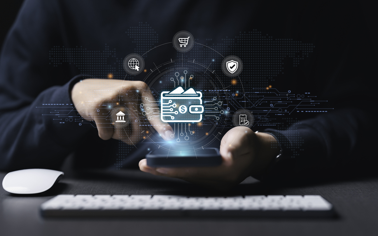 businessman hand using smartphone for online payment by digital wallet. transaction on mobile banking, e wallet on blockchain technology. transfer, credit card, financial, and global business online