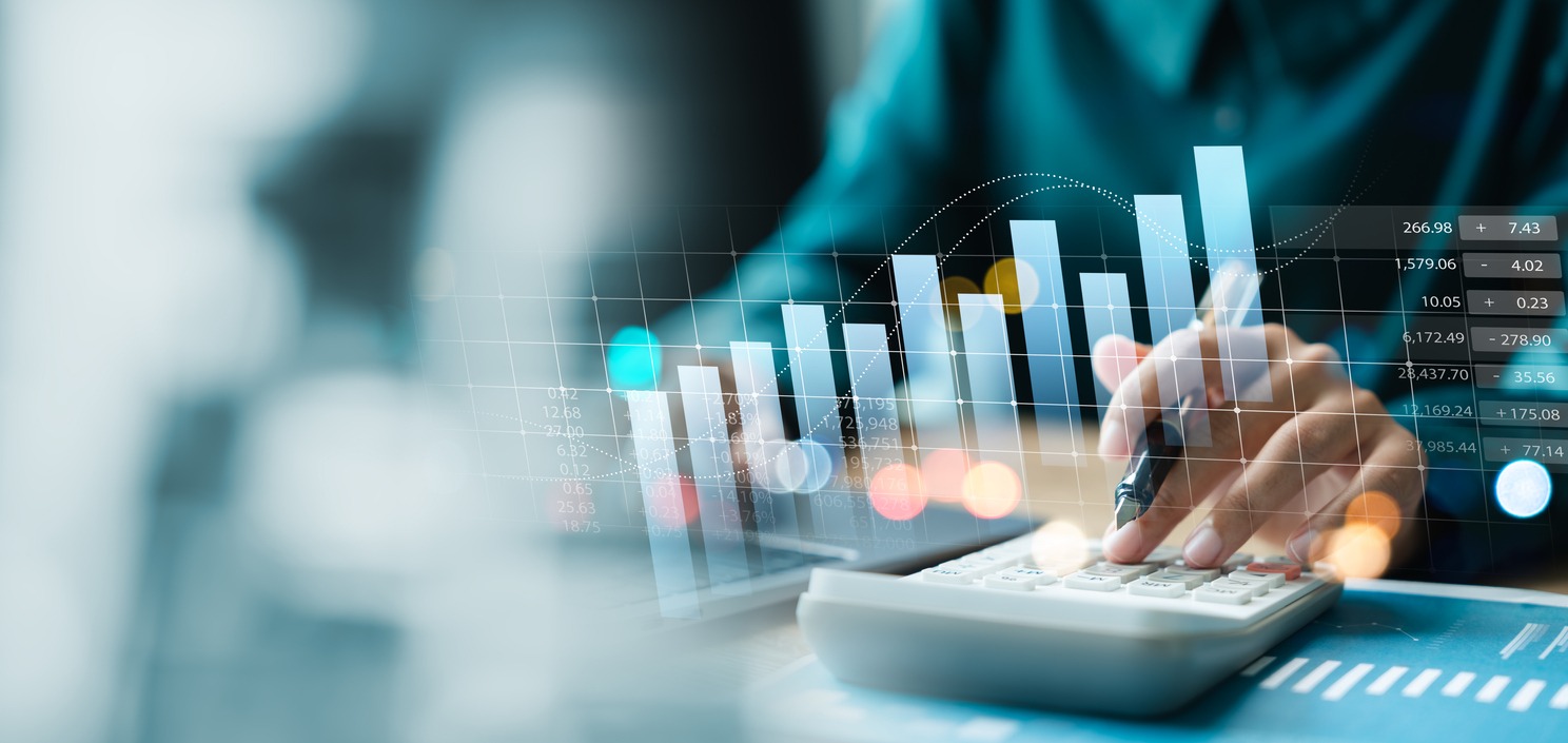 businesswoman use laptop and calculator analyzing company growth, future business growth arrow graph, development to achieve goals, business outlook, financial data for long term investment.