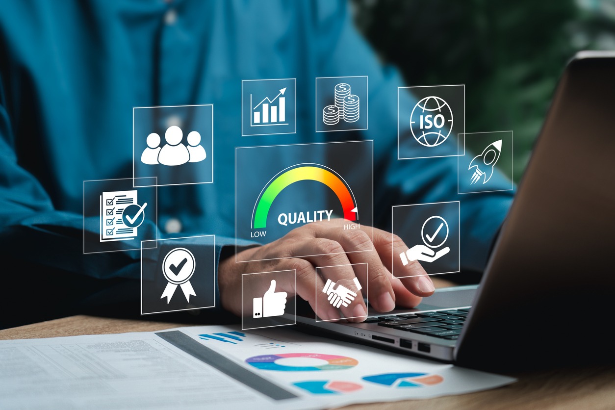 high quality control concept, businessman management company and business target control, organizational, hr, product, financial, document approval, service best certificate industrial, standard iso