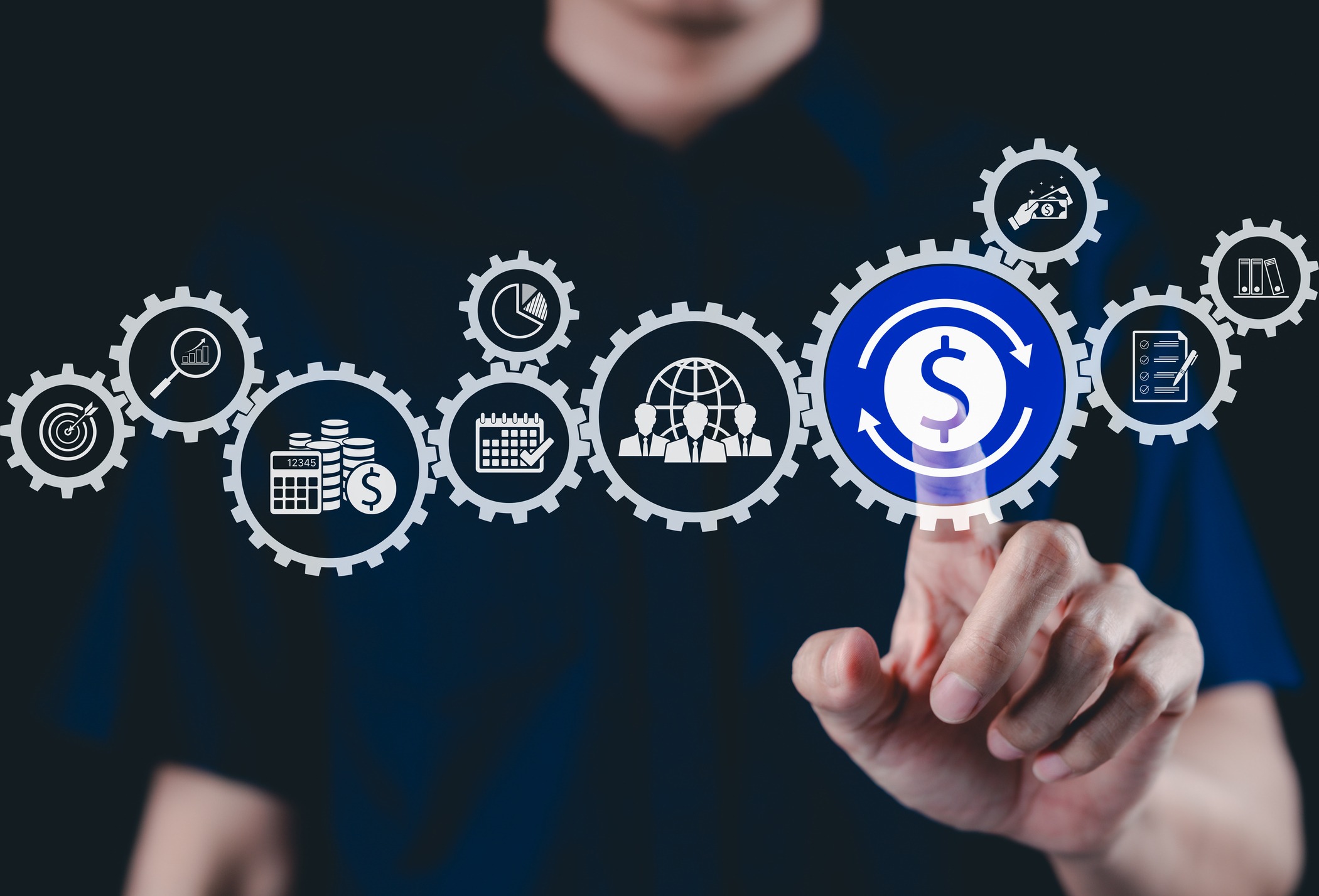 automated financial system concept. automation featuring interconnected gears with various financial symbols, including a dollar icon, charts, and tools. payroll management and financial workflow,