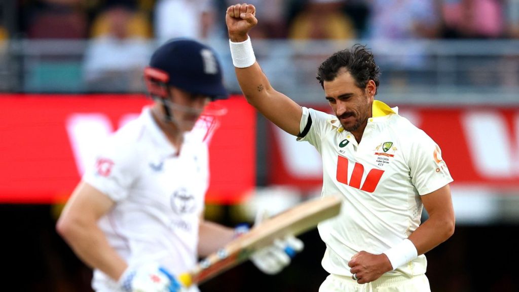 Mitchell Starc celebrates fiercely after dismissing Harry Brook during a tense Ashes Test, highlighting the high-stakes cricket drama.