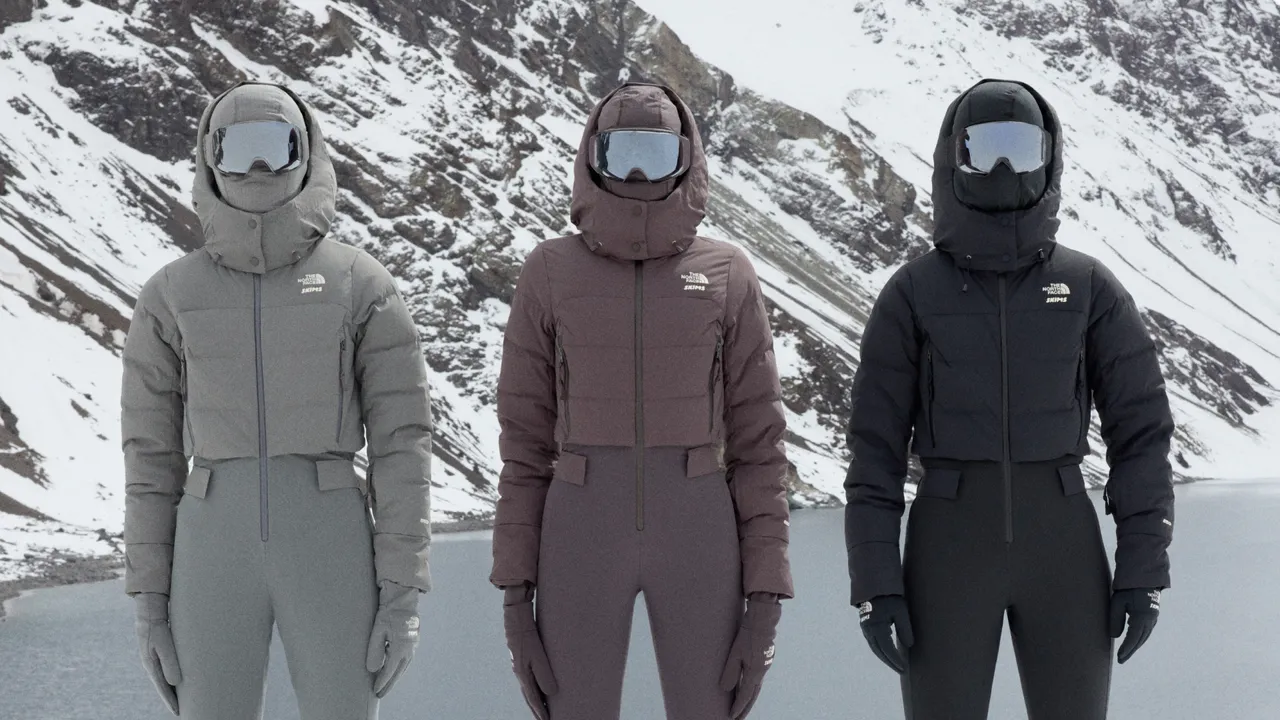 “Three models showcasing the official SKIMS x The North Face 2.0 collection in new winter colorways, featuring puffers, scarves, and aprés-ski layering pieces.