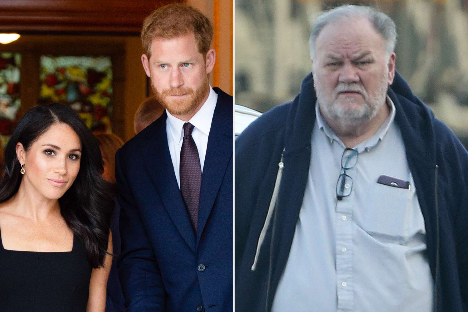 Split image showing Prince Harry and Meghan Markle in public alongside an older, frail Thomas Markle, highlighting the contrast between the couple and Meghan’s estranged father.