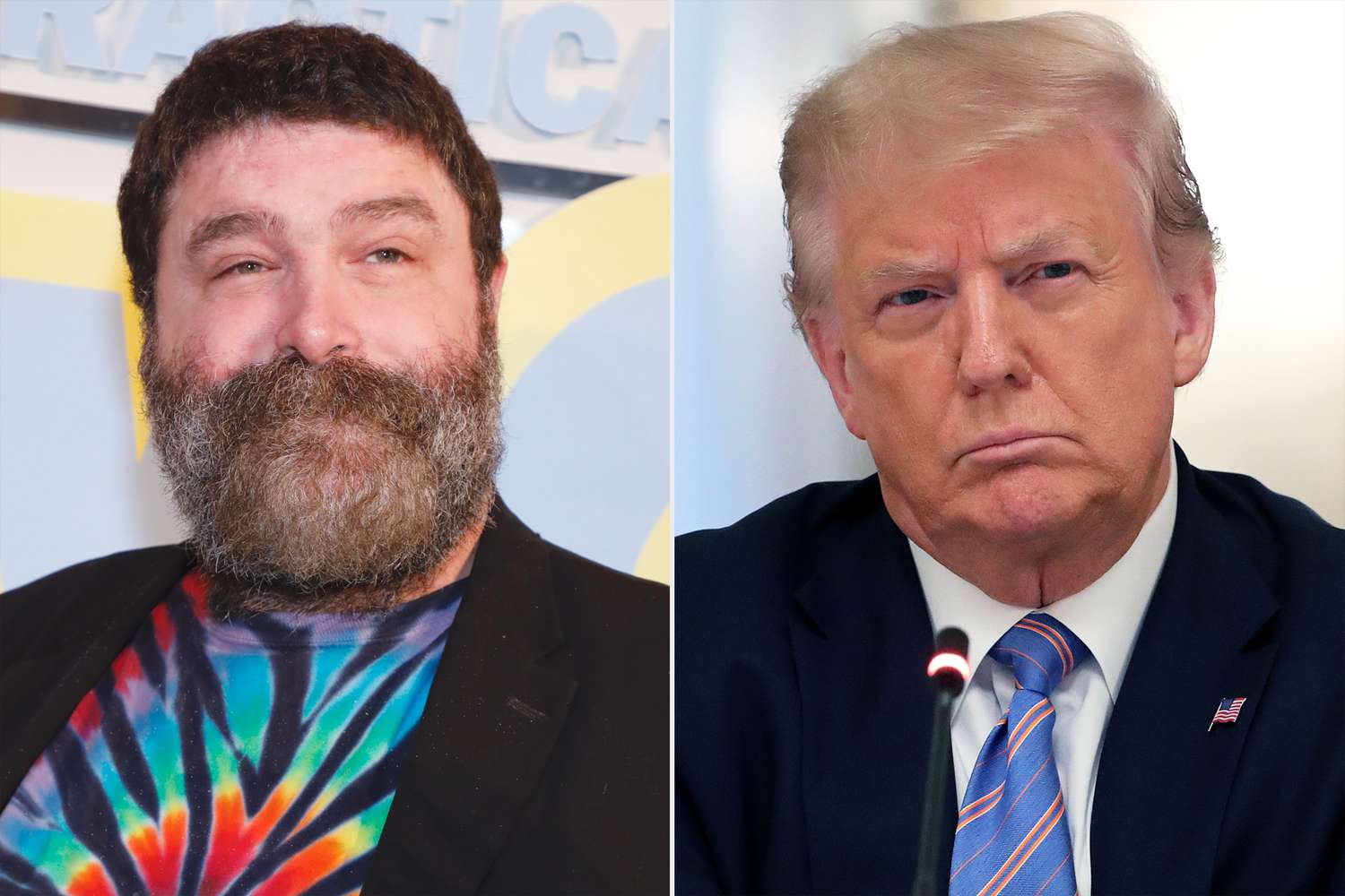 Side-by-side image of WWE Hall of Famer Mick Foley and President Donald Trump, highlighting their shared 2013 Hall of Fame induction and longstanding WWE ties