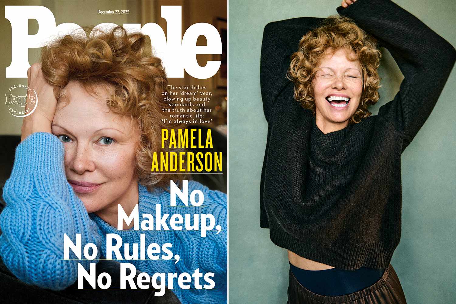 Split image showing Pamela Anderson on a past magazine cover from her earlier career and her recent People magazine shoot with a curly red bob.