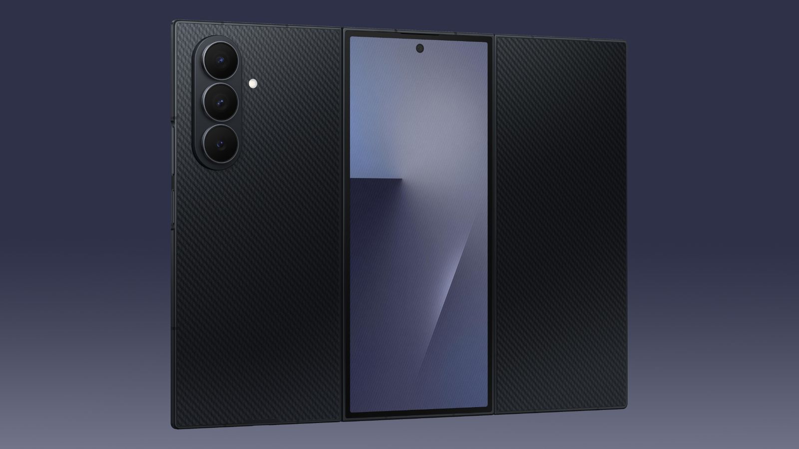 The Samsung Galaxy Z Trifold fully unfolded, displaying all three segments of its 10-inch Dynamic AMOLED screen and multi-tasking interface.