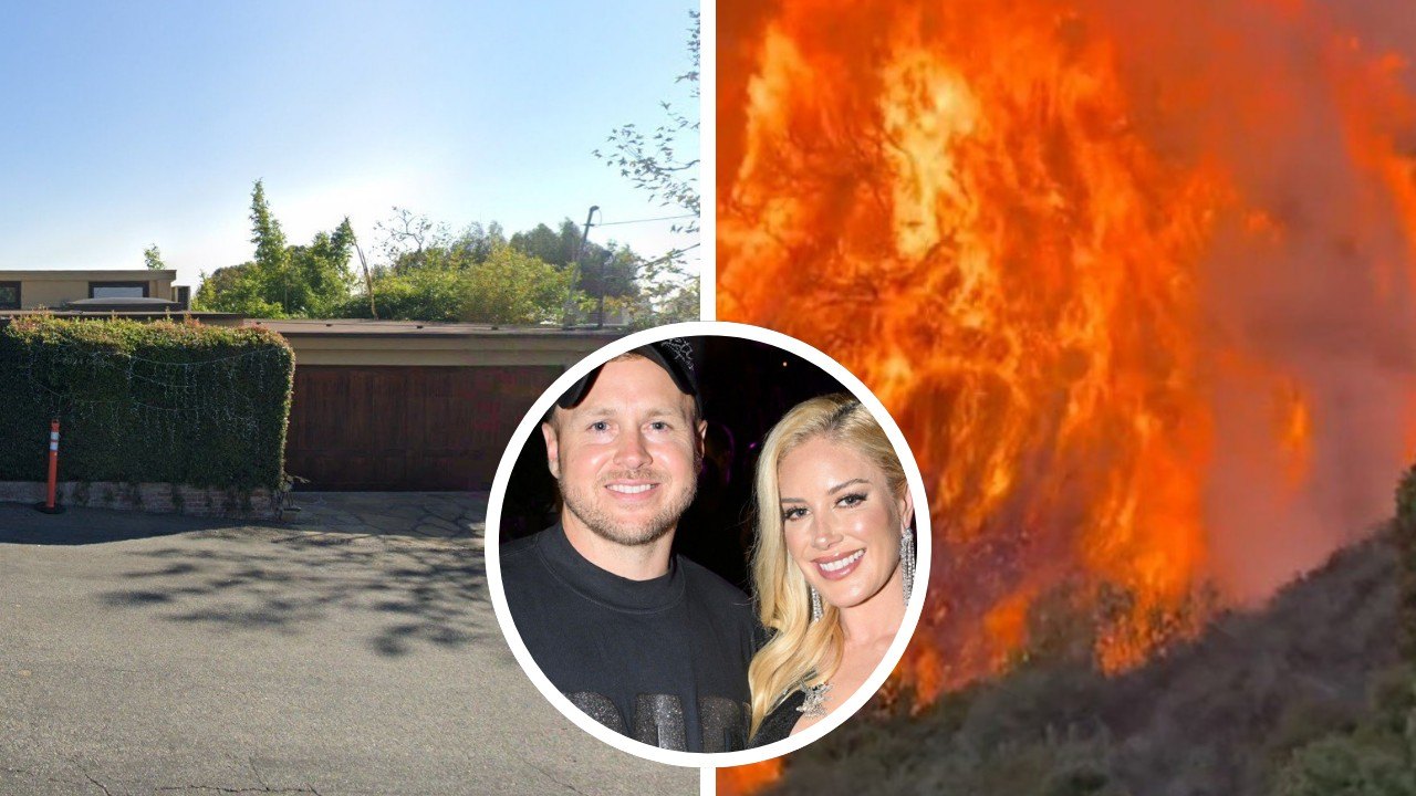 Heidi Montag and Spencer Pratt stand in front of the remains of their Pacific Palisades home, with charred debris from the 2025 wildfires visible behind them.