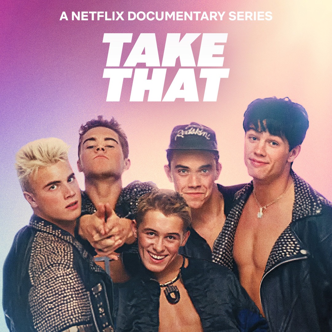 Official Netflix documentary poster for Take That, featuring Gary Barlow and band members