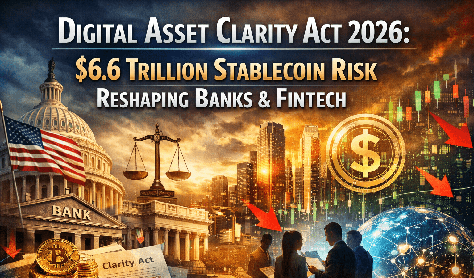 Digital composite illustration showing the U.S. Capitol, a bank, Bitcoin coins, and corporate figures, highlighting the $6.6 trillion stablecoin risk and regulatory oversight under the Clarity Act.