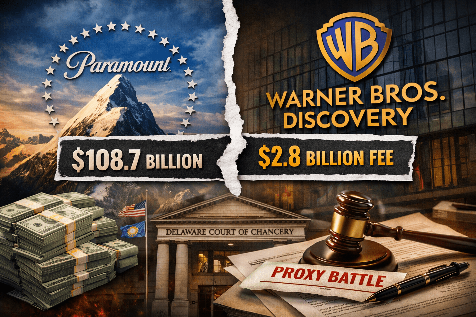 Paramount $108.7B cash bid versus Warner Bros Discovery $2.8B termination fee, with Delaware Court of Chancery backdrop, gavel, and proxy battle documents.