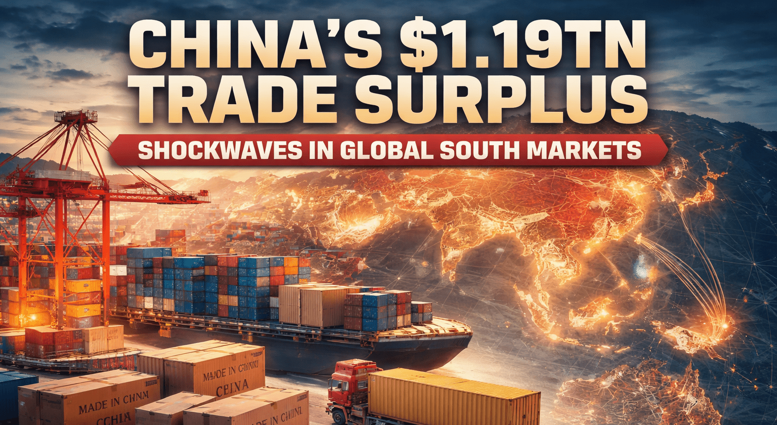 Cargo ships and containers at a Chinese port with a glowing world map highlighting trade routes to Global South countries, illustrating China’s $1.19 trillion trade surplus.