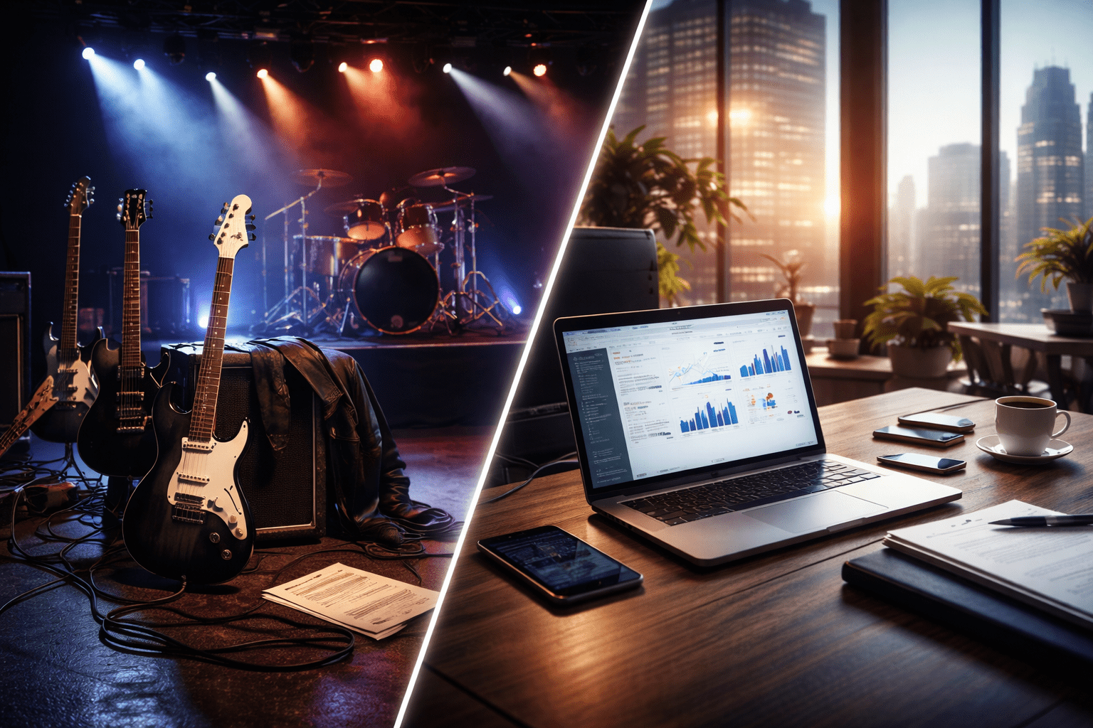 A split-scene image showing a heavy metal concert stage with guitars and drum kits on one side and a sleek corporate office desk with a laptop, smartphone, and coffee cup on the other, symbolizing the balance between rock-and-roll touring and corporate work.
