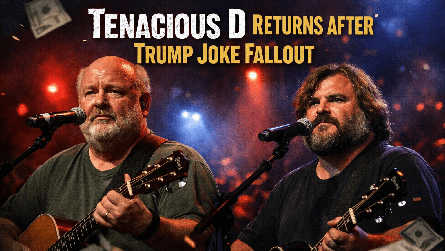 Tenacious D band members Kyle Gass and Jack Black performing on stage, red and blue concert lights illuminating them, dollar bills and concert tickets floating around, reflecting the financial fallout from a controversial Trump joke.