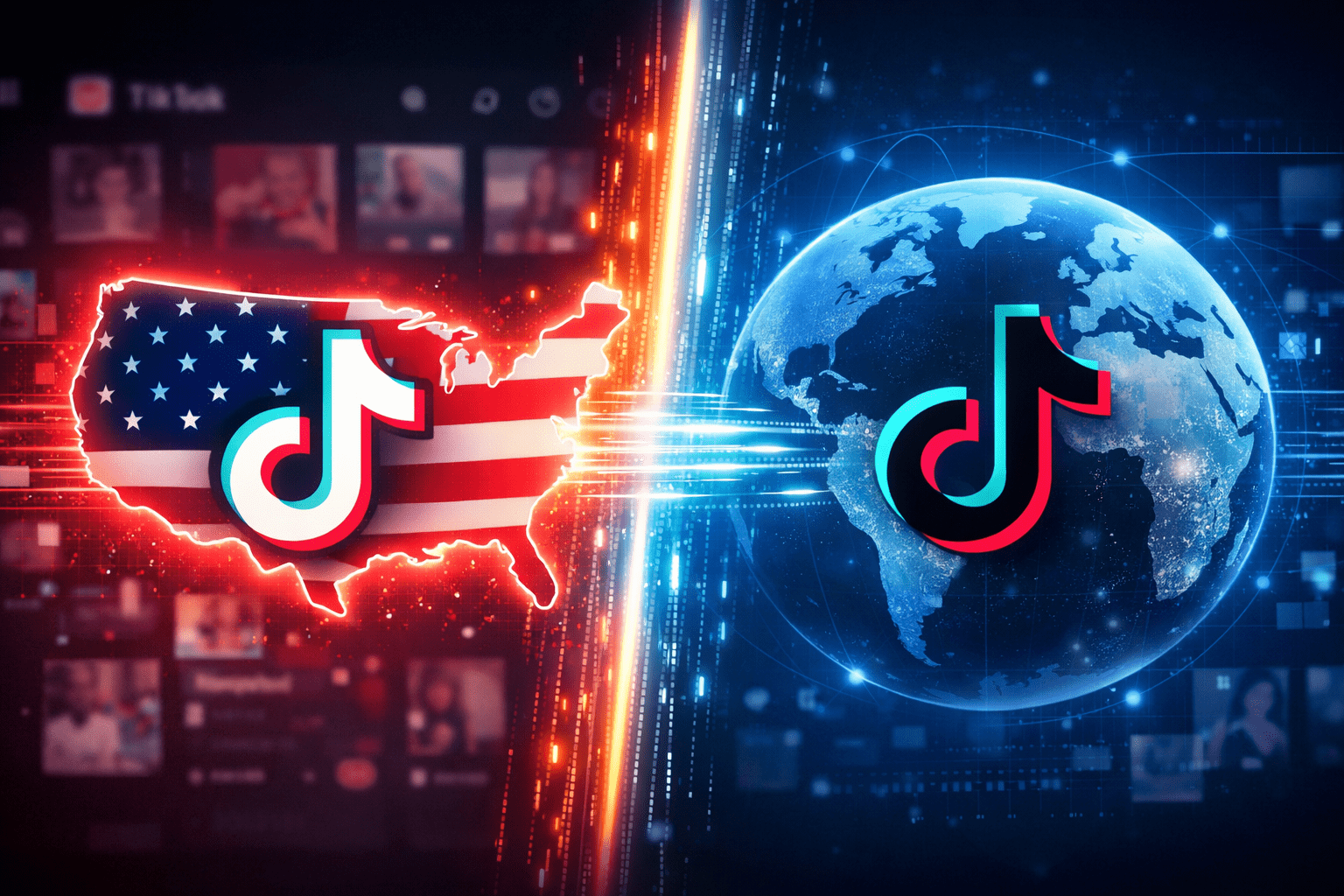 Illustration showing TikTok split into US and global operations, with U.S. map and globe connected by digital data streams, highlighting algorithm separation.