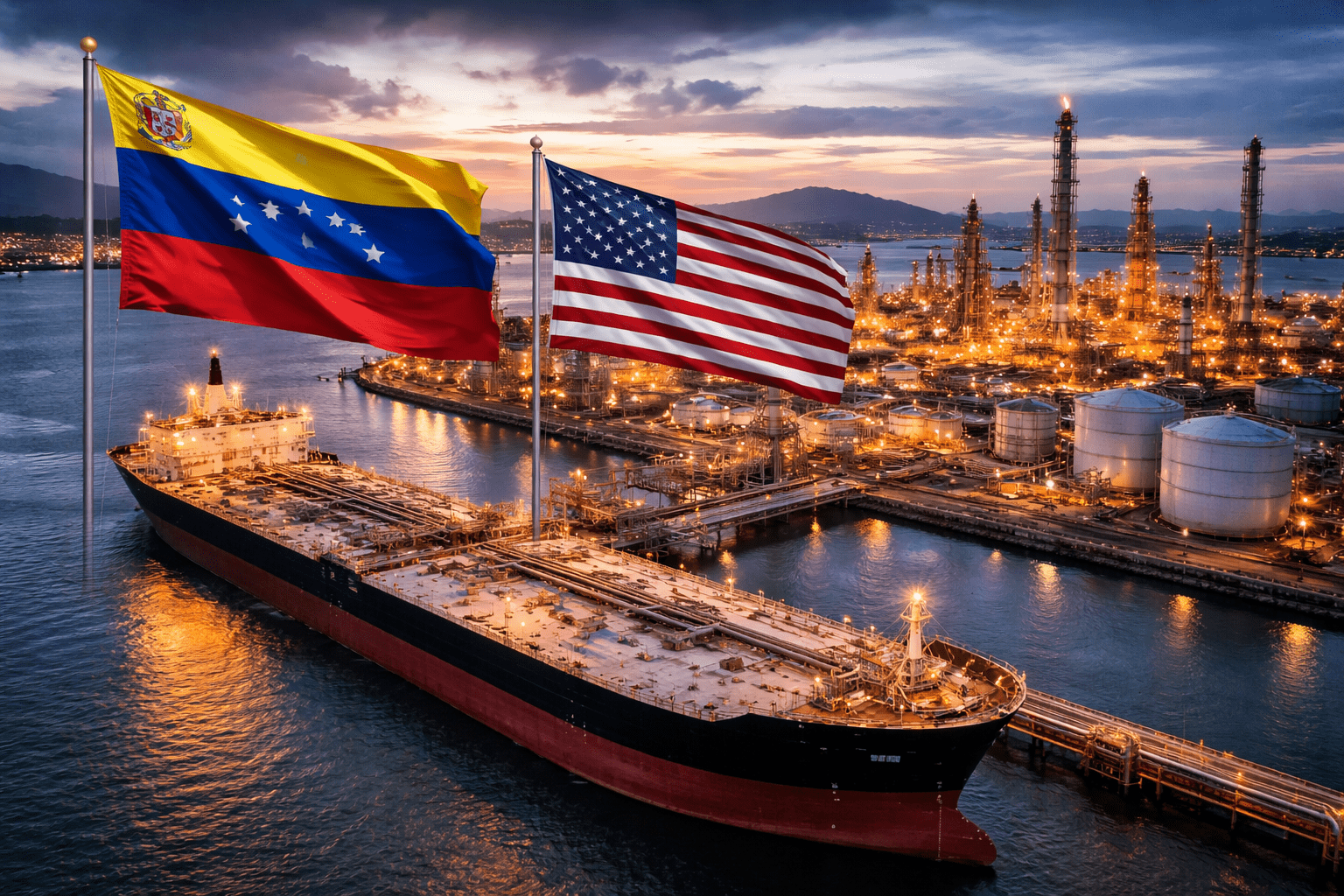 Venezuelan oil tanker docked at a U.S. Gulf Coast refinery port at dusk, symbolizing sovereign asset transfer, heavy crude markets, and 2026 energy liquidity realignment.