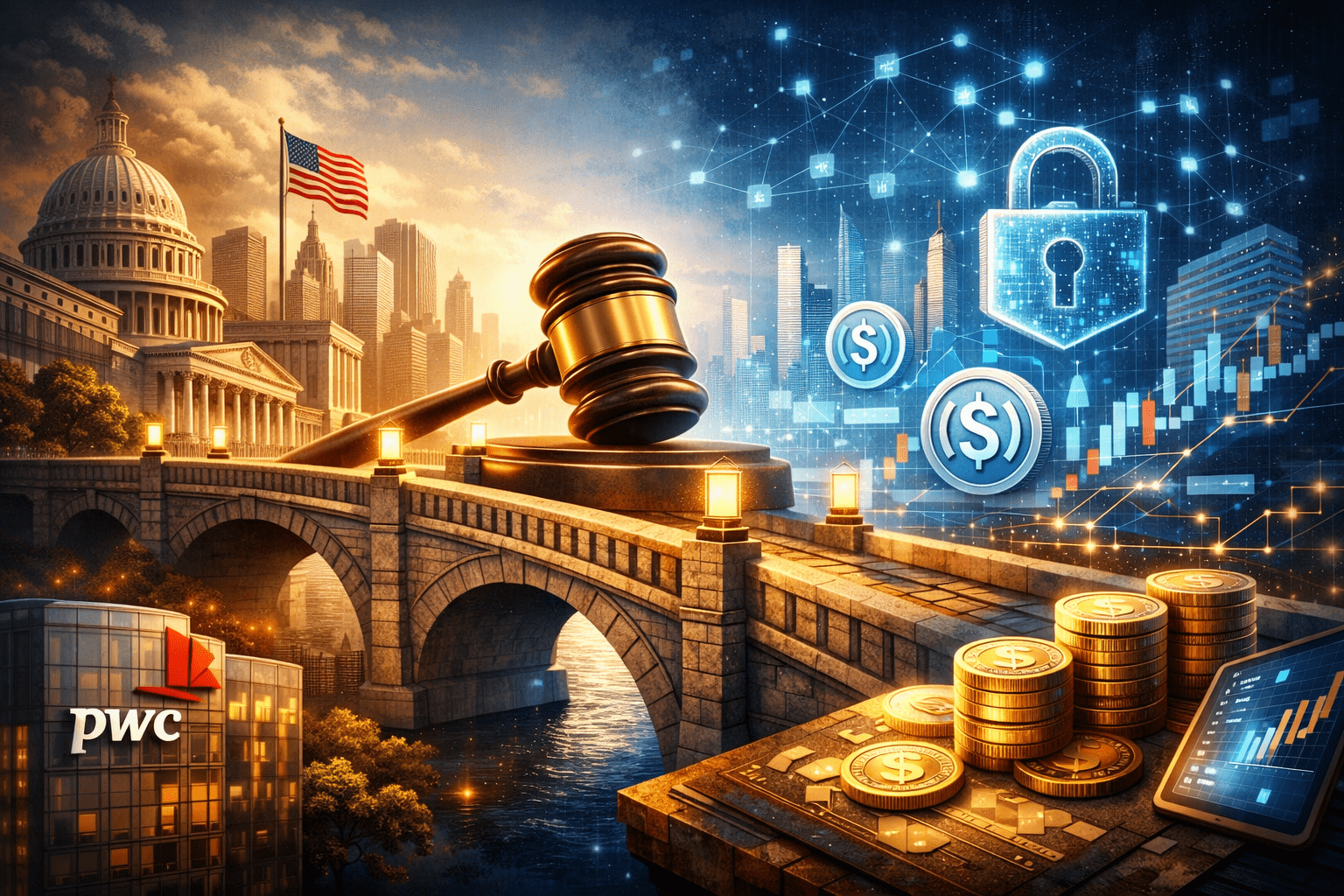 Illustration showing the GENIUS Act bridging U.S. financial regulation and blockchain-based stablecoin settlement for corporate treasury operations.