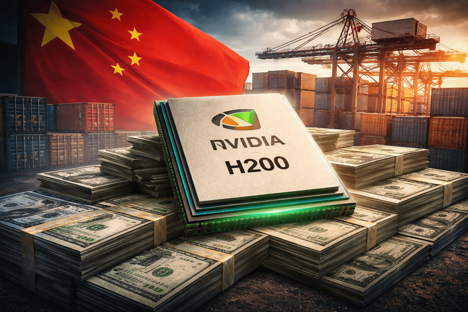 Nvidia H200 AI chip resting on stacks of U.S. dollar bills, with Chinese shipping containers and the Chinese flag in the background, symbolizing upfront payment requirements and export risk.