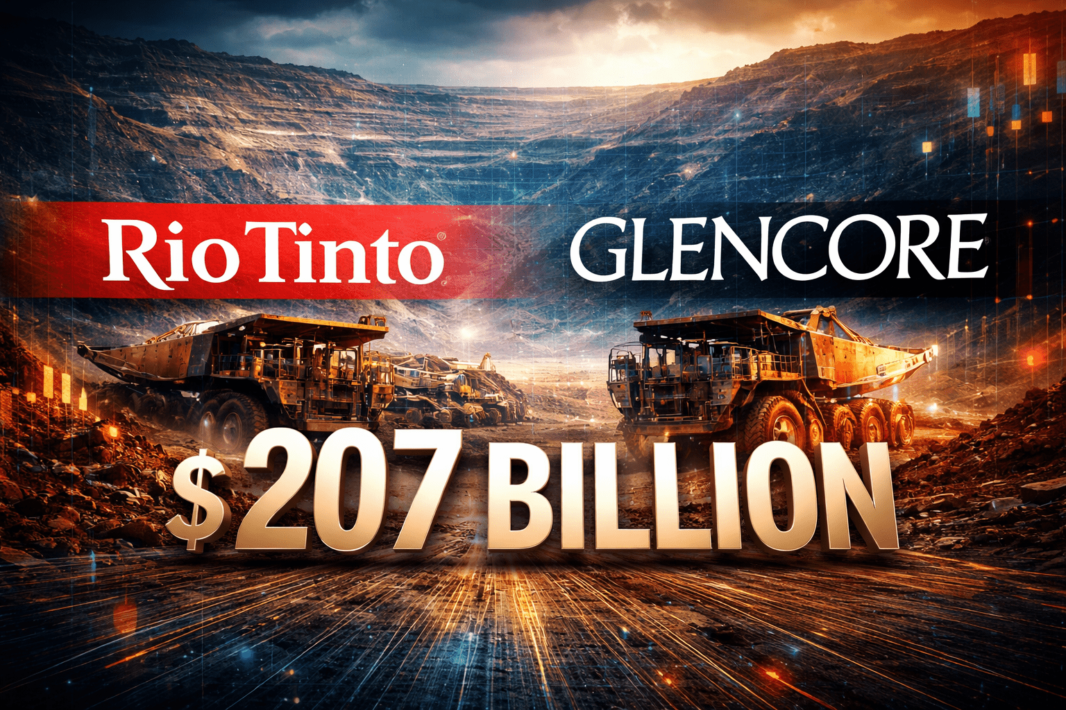 Digital illustration of a massive open-pit copper mine with Rio Tinto and Glencore logos facing each other, symbolizing a proposed $207 billion mining merger and consolidation in global copper markets.