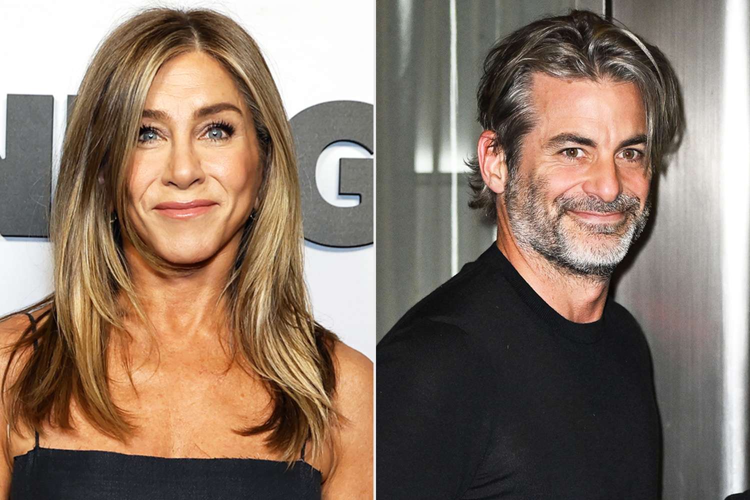 Split image showing Jennifer Aniston on the red carpet and Jim Curtis in his Manhattan condo, highlighting their bi-coastal relationship and lifestyle balance.