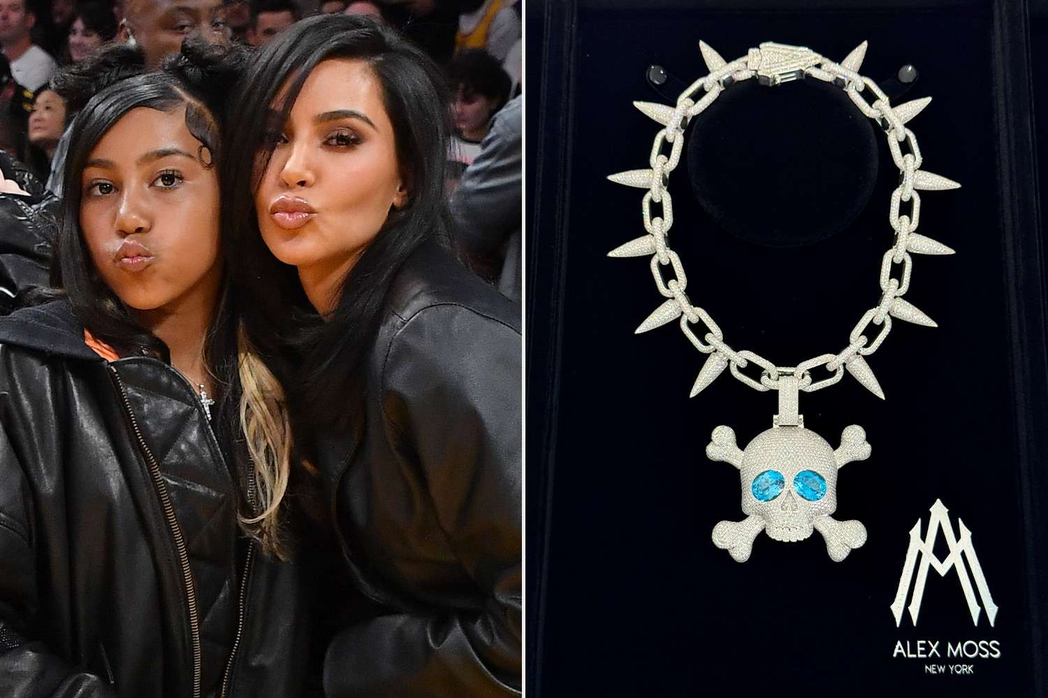 Split image showing Kim Kardashian on the left and her daughter North West on the right, alongside a close-up of North’s 106-carat diamond skull necklace.