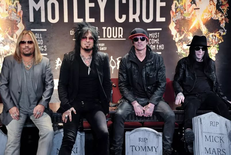 Mötley Crüe band members Vince Neil, Nikki Sixx, Tommy Lee and Mick Mars pictured together during a tour announcement
