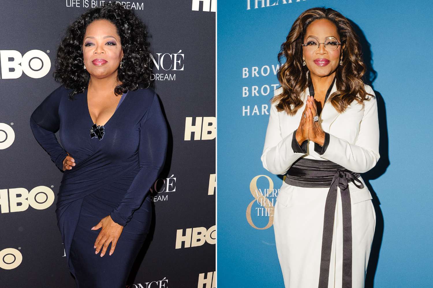Split image of Oprah Winfrey before and after her weight loss, highlighting her journey with GLP-1 treatment and the “Enough” mindset.