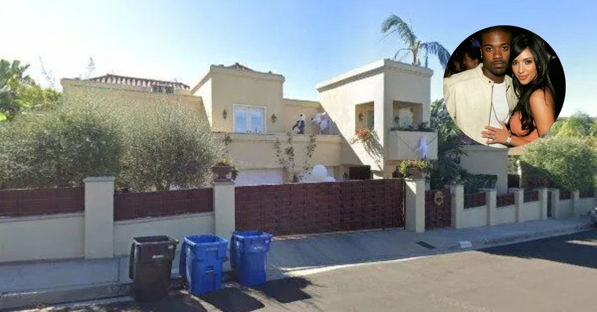 Exterior view of Ray J’s former Los Angeles mansion with landscaped grounds and modern architecture