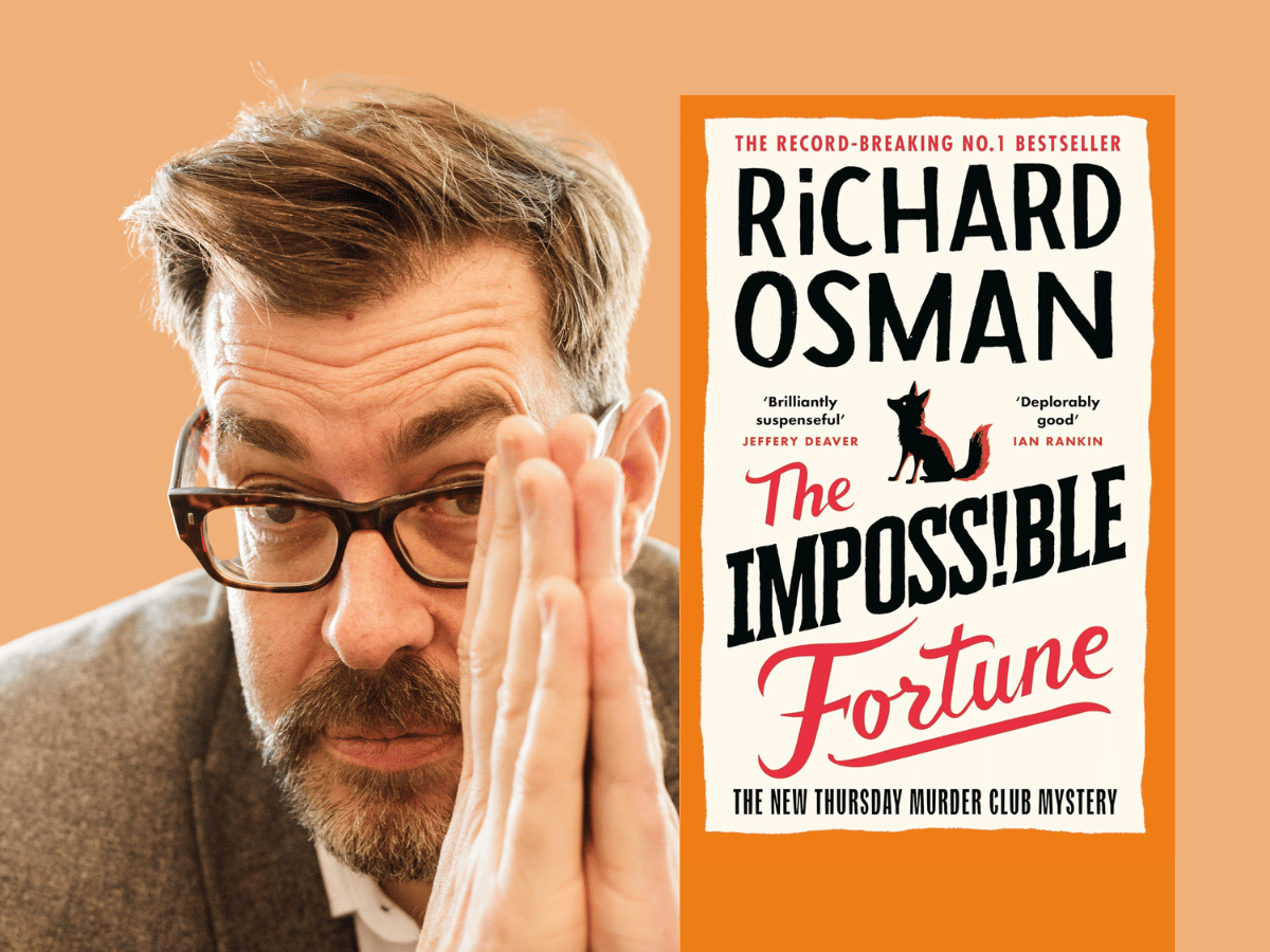 Richard Osman pictured beside his novel The Impossible Fortune, part of The Thursday Murder Club series.