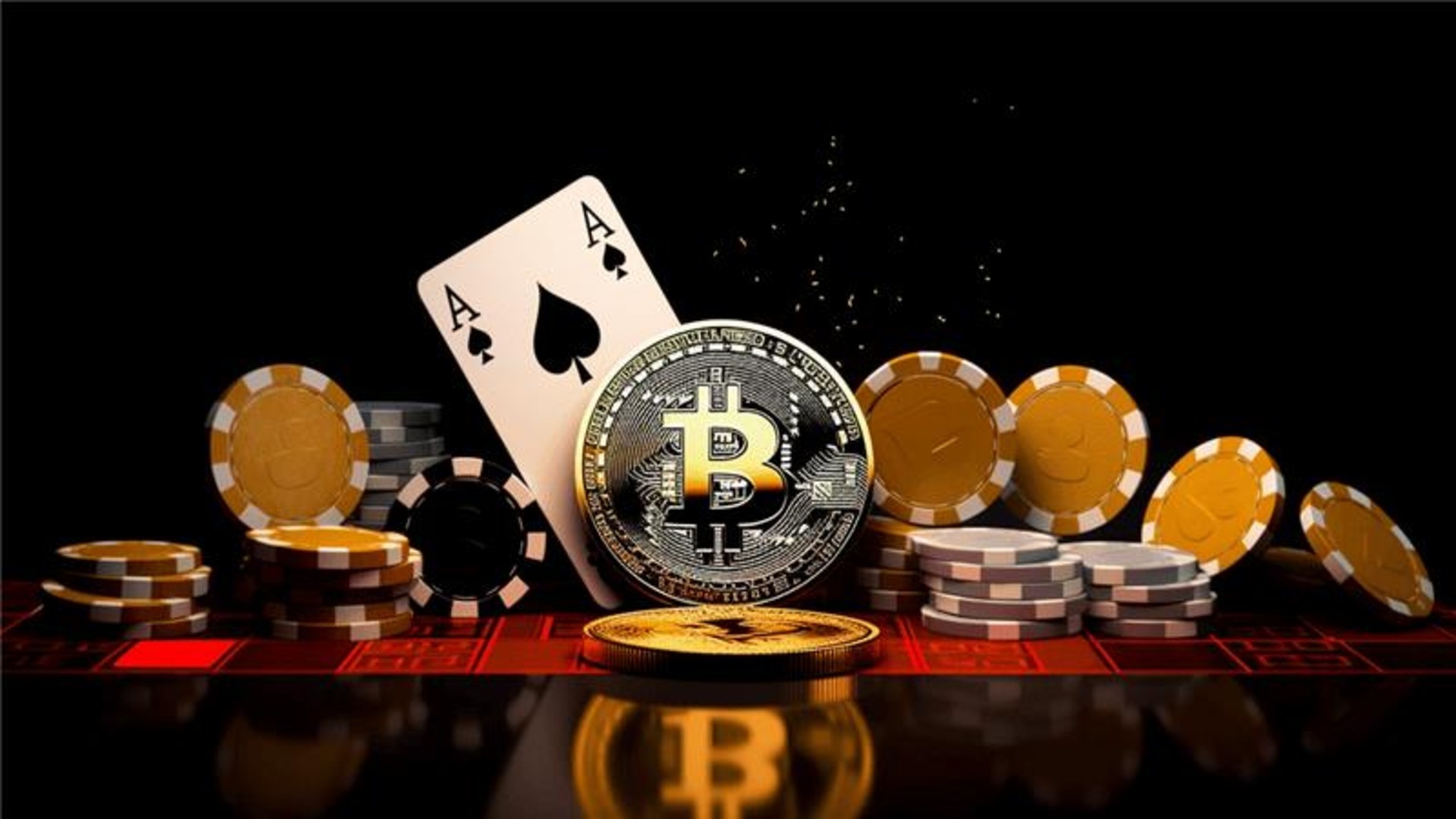 Gold Bitcoin resting on a betting table with poker chips and cards, symbolizing high-stakes crypto wagers like the $436K bet on Nicolás Maduro’s capture.