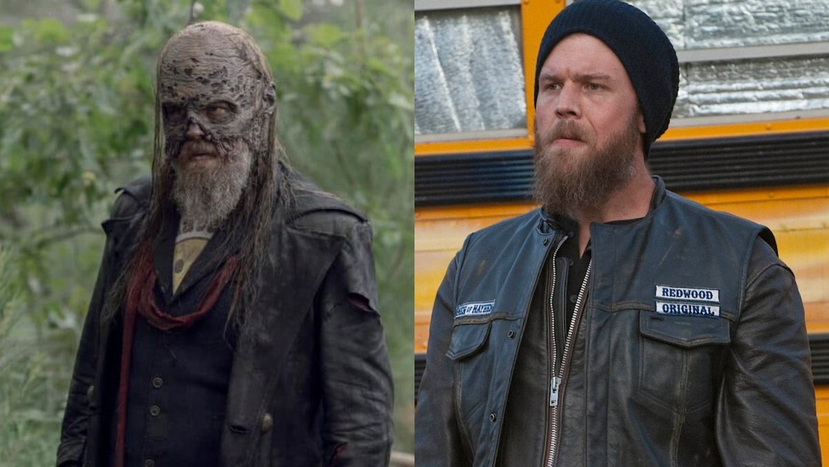 Split image of Ryan Hurst as Beta in The Walking Dead on one side and Opie Winston in Sons of Anarchy on the other, showing his transformation from a loyal enforcer to a menacing antagonist.