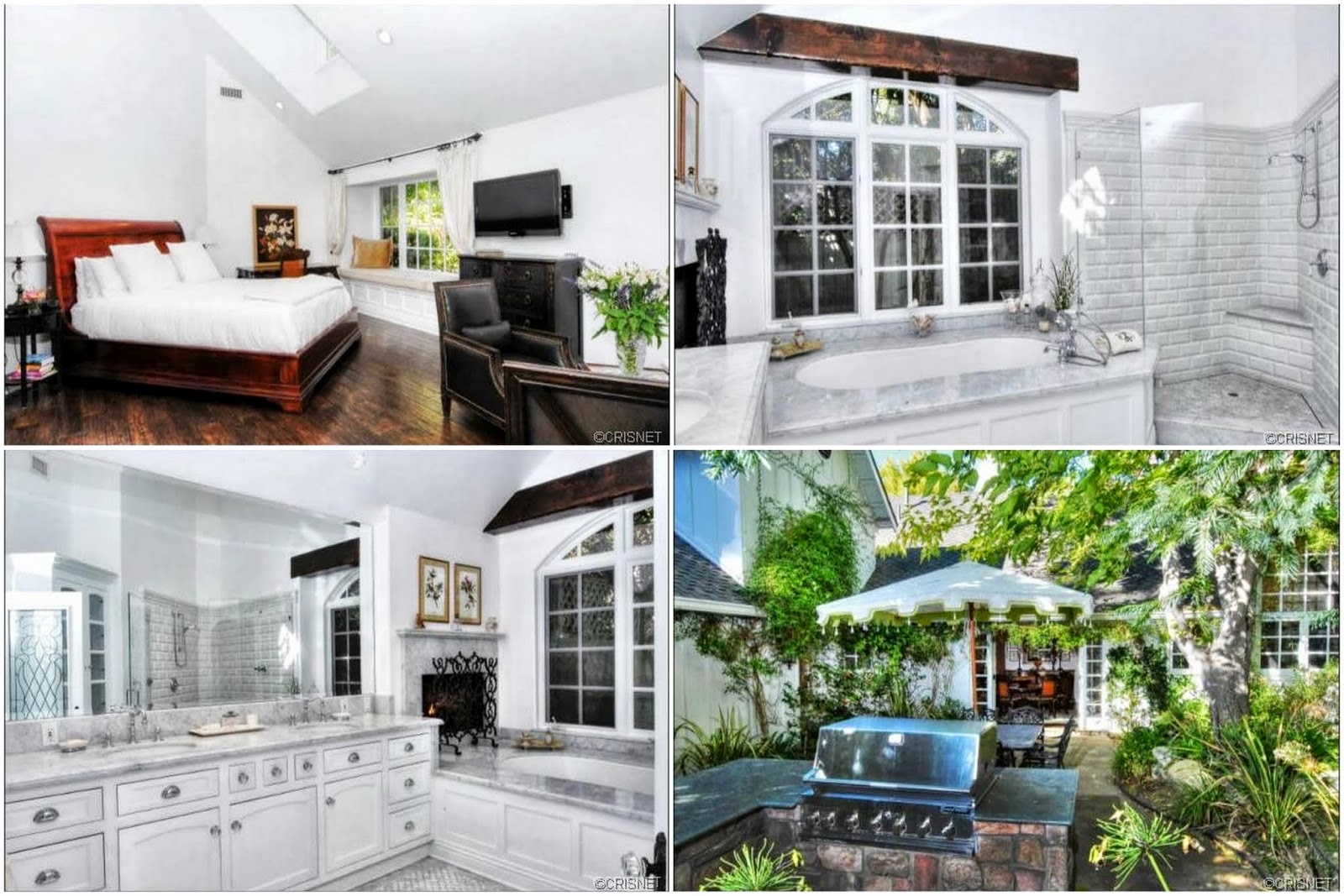 Four-panel image showing different areas of Ryan Hurst’s Woodland Hills home, including the living room, bedroom, backyard garden and bathroom.