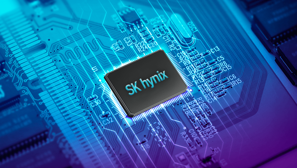 SK Hynix semiconductor chip mounted on a server motherboard, highlighting advanced memory packaging used in AI data centers