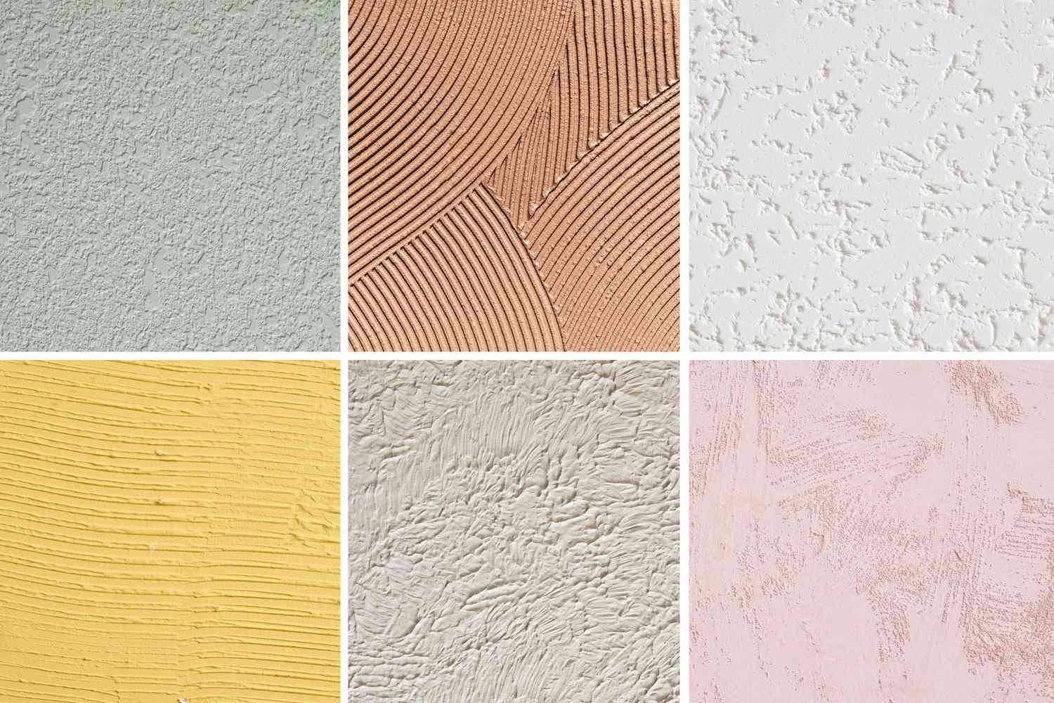 Textured walls painted in various colors, highlighting different home interior finishes.