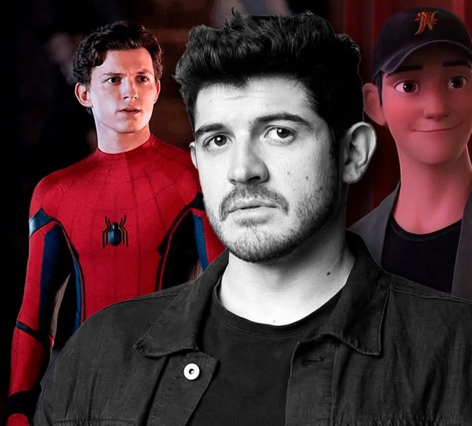 Alexis Ortega standing with Tom Holland, with his animated Spider-Man character visible behind them, smiling at the camera.