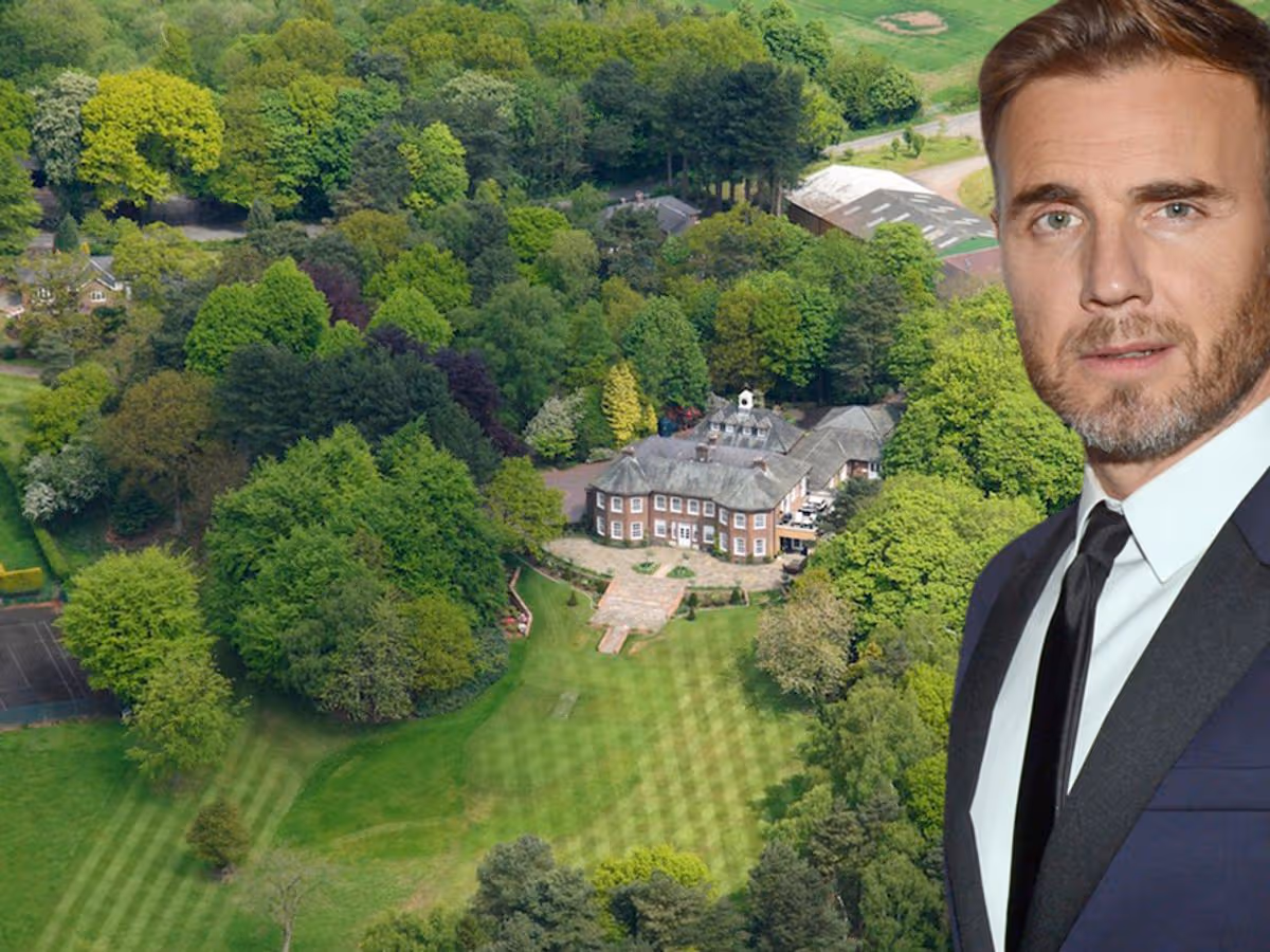 Aerial view of Gary Barlow’s Cotswolds mansion in Sonning, Berkshire, showing gardens and surrounding countryside