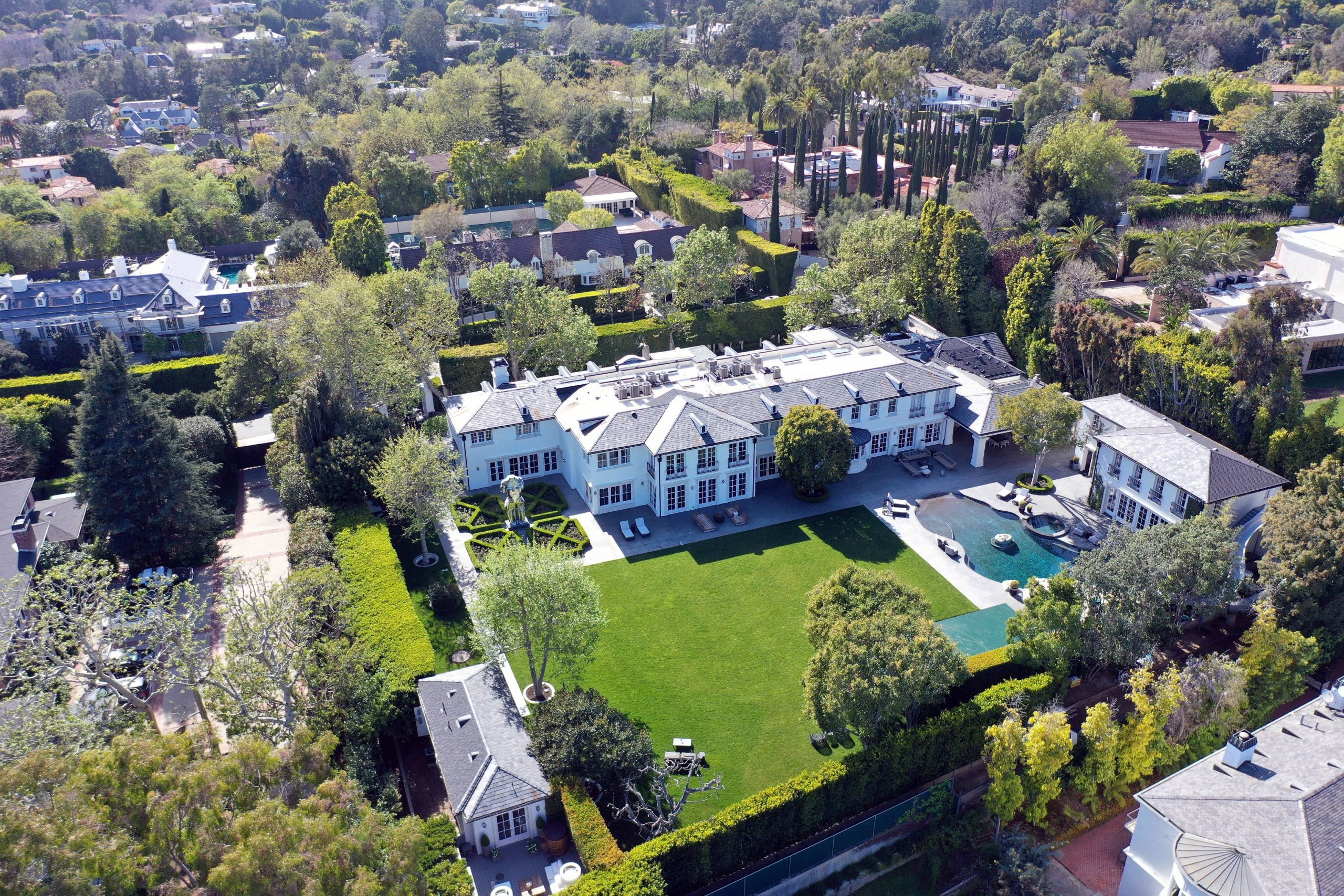 Aerial view of Sean “Diddy” Combs’ $61.5 million Holmby Hills mansion in Los Angeles, showcasing its sprawling grounds, luxury design, and exclusive location.