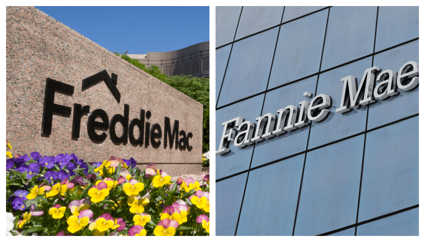 Split image showing Fannie Mae headquarters on the right and Freddie Mac headquarters on the left, representing the $200B MBS intervention and 2026 mortgage market impact.