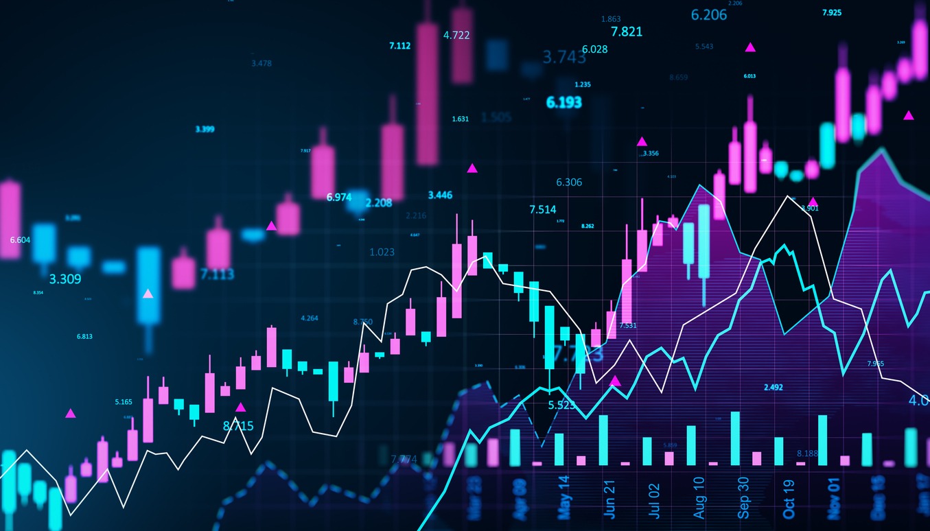 colorful digital screen with glowing forex and stock market candlestick chart and data analysis on dark interface background for modern financial display. 3d rendering