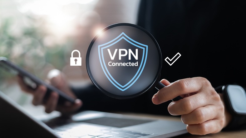 close up of vpn connected shield icon with lock and check mark, symbolizing private secure network access on mobile device, data protection, and online privacy.