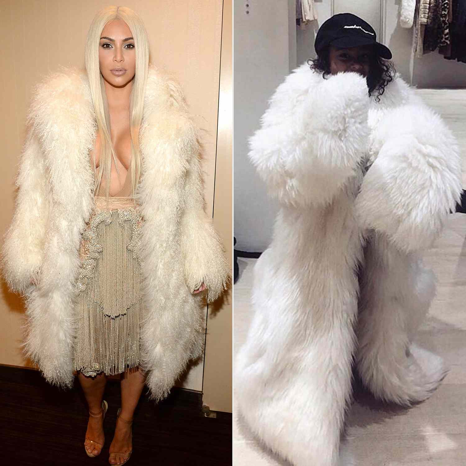 Split image of Kim Kardashian wearing her redesigned white faux fur coat on one side and the original vintage white fur coat on the other, highlighting the switch to cruelty-free fashion.