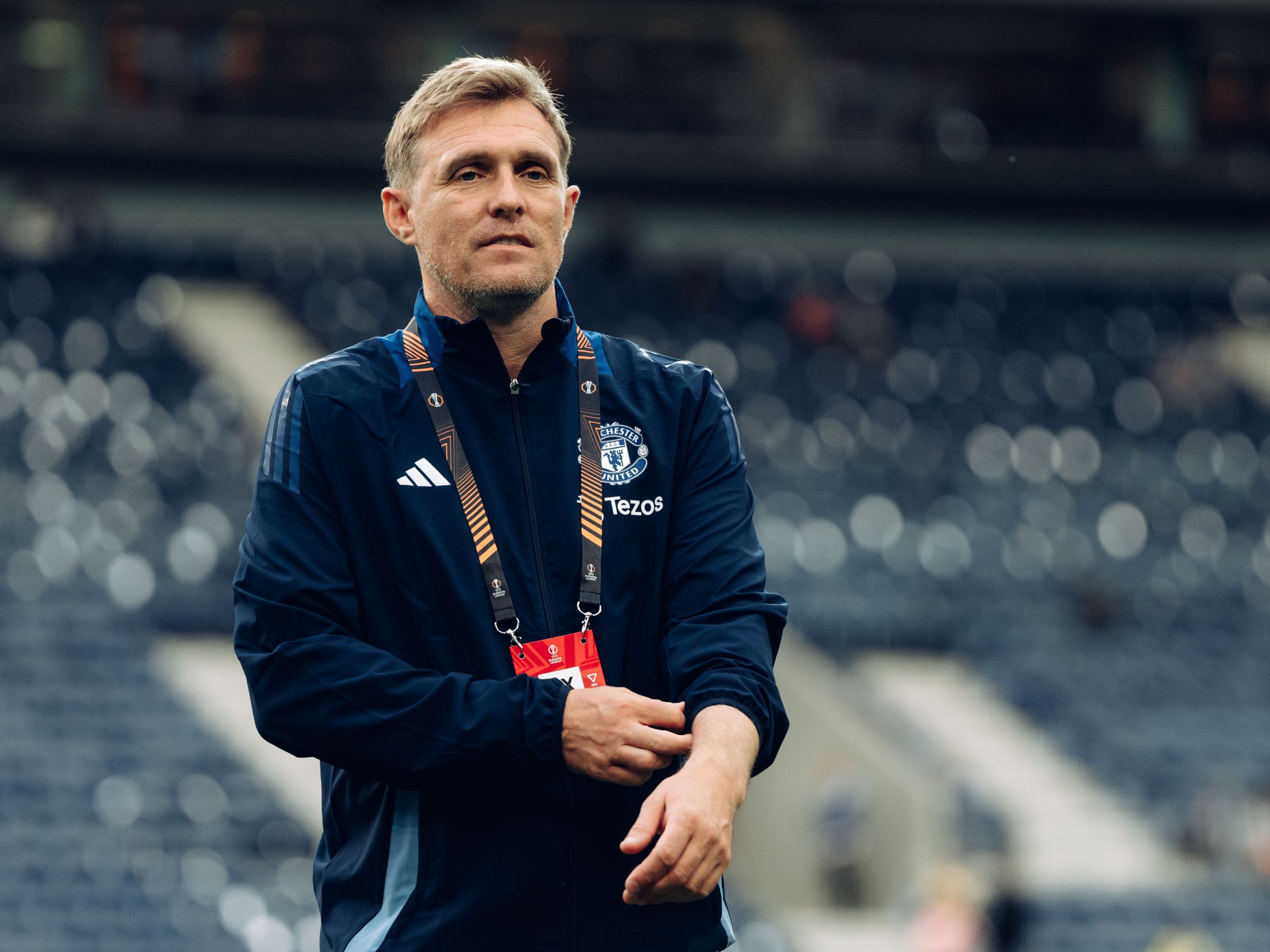 Darren Fletcher, Manchester United’s new manager, wearing training gear on the pitch during a coaching session.