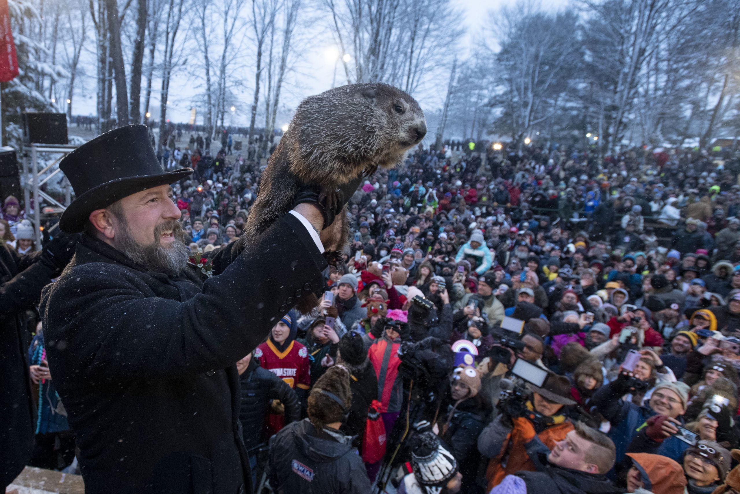 Crowds gather at Gobbler’s Knob in Punxsutawney, Pennsylvania, to watch Punxsutawney Phil emerge for Groundhog Day 2026.