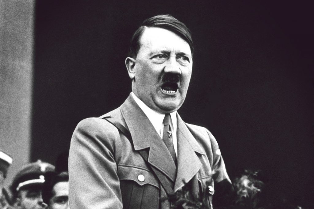 Depiction of Adolf Hitler giving a speech, symbolizing his rise to power fueled by Mein Kampf royalties and propaganda.
