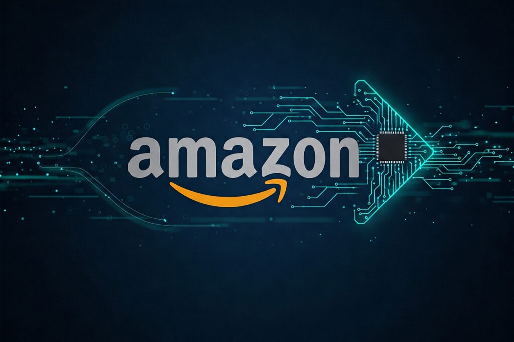 Amazon logo displayed above a computer chip, symbolising the company’s growing investment in artificial intelligence technology.