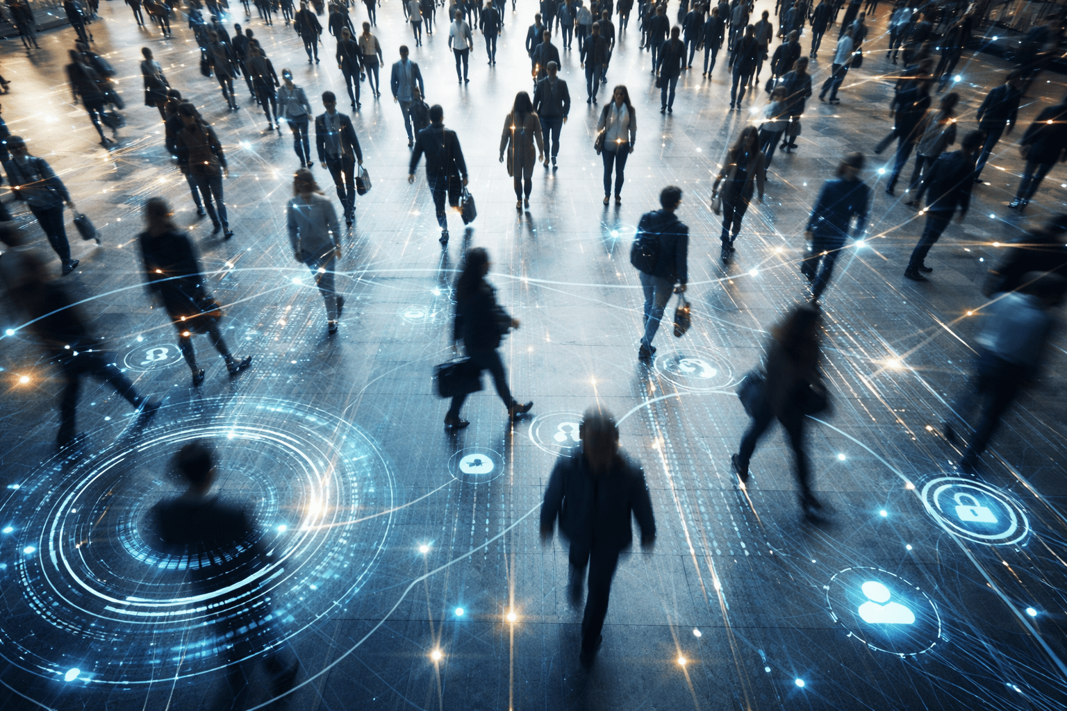 People moving through a public space beneath abstract digital data patterns representing AI systems